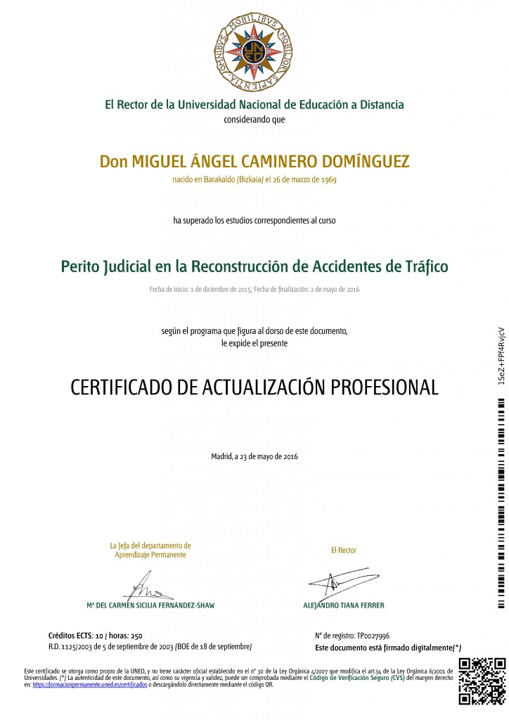 Miguel Angel Caminero Domínguez, detective privado, título perito judicial reconstrucción de accidentes de tráfico
